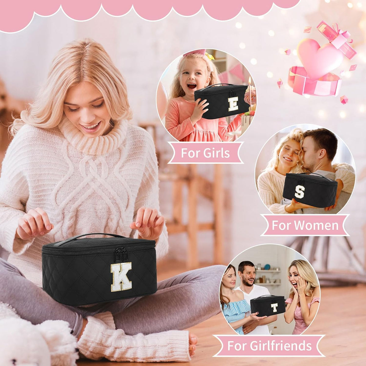 Makeup Bag for Women, Monogram Cosmetic Bag Black Travel Makeup Case Beauty Toiletry Bag Organizer Personalized Gifts for Girls Bridesmaid, Sister, Wife, Friends Initial S