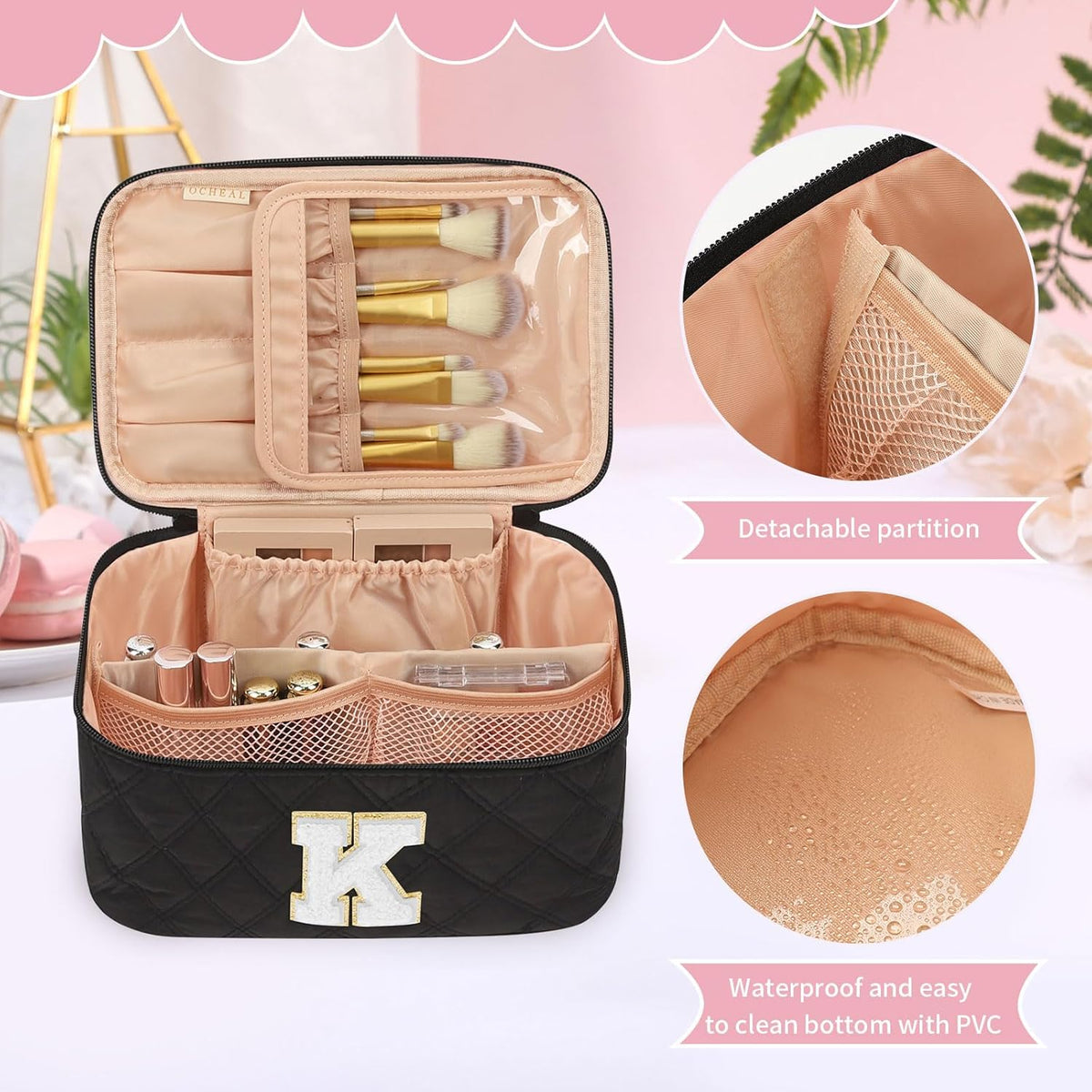 Makeup Bag for Women, Monogram Cosmetic Bag Black Travel Makeup Case Beauty Toiletry Bag Organizer Personalized Gifts for Girls Bridesmaid, Sister, Wife, Friends Initial S
