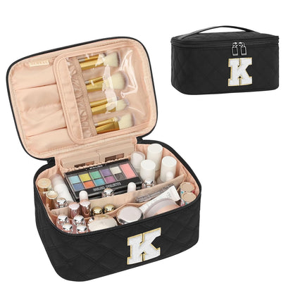 Makeup Bag for Women, Monogram Cosmetic Bag Black Travel Makeup Case Beauty Toiletry Bag Organizer Personalized Gifts for Girls Bridesmaid, Sister, Wife, Friends Initial S
