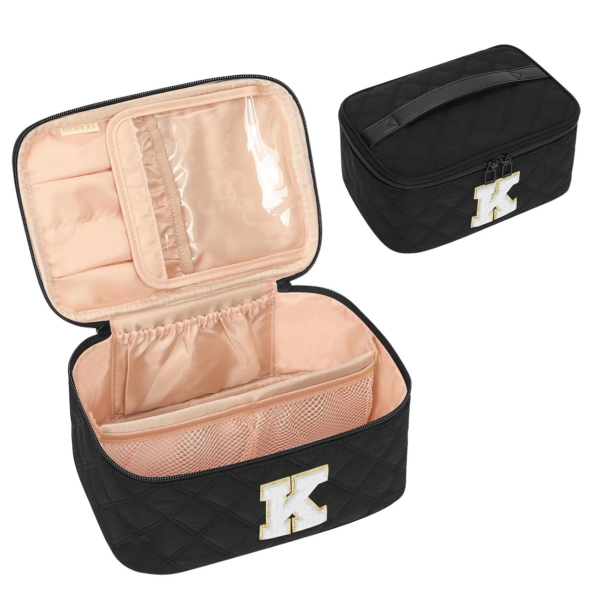 Makeup Bag for Women, Monogram Cosmetic Bag Black Travel Makeup Case Beauty Toiletry Bag Organizer Personalized Gifts for Girls Bridesmaid, Sister, Wife, Friends Initial S