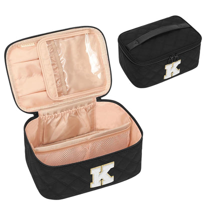 Makeup Bag for Women, Monogram Cosmetic Bag Black Travel Makeup Case Beauty Toiletry Bag Organizer Personalized Gifts for Girls Bridesmaid, Sister, Wife, Friends Initial S