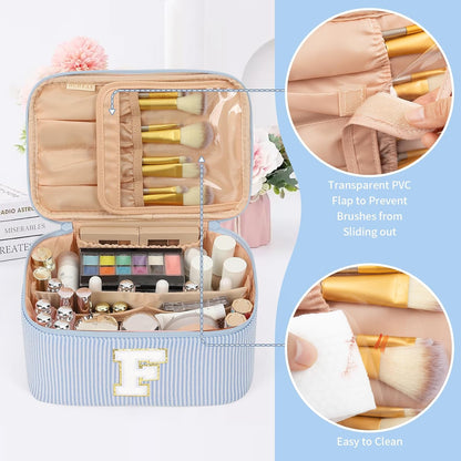 Makeup Bag for Women, Monogram Cosmetic Bag Black Travel Makeup Case Beauty Toiletry Bag Organizer Personalized Gifts for Girls Bridesmaid, Sister, Wife, Friends Initial S