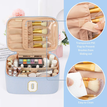 Makeup Bag for Women, Monogram Cosmetic Bag Black Travel Makeup Case Beauty Toiletry Bag Organizer Personalized Gifts for Girls Bridesmaid, Sister, Wife, Friends Initial S