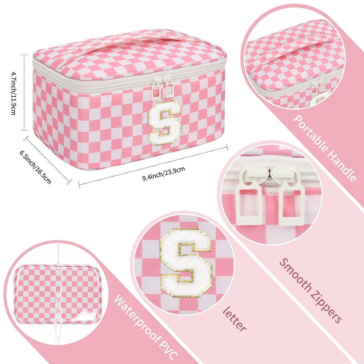 Makeup Bag for Women, Monogram Cosmetic Bag Black Travel Makeup Case Beauty Toiletry Bag Organizer Personalized Gifts for Girls Bridesmaid, Sister, Wife, Friends Initial S