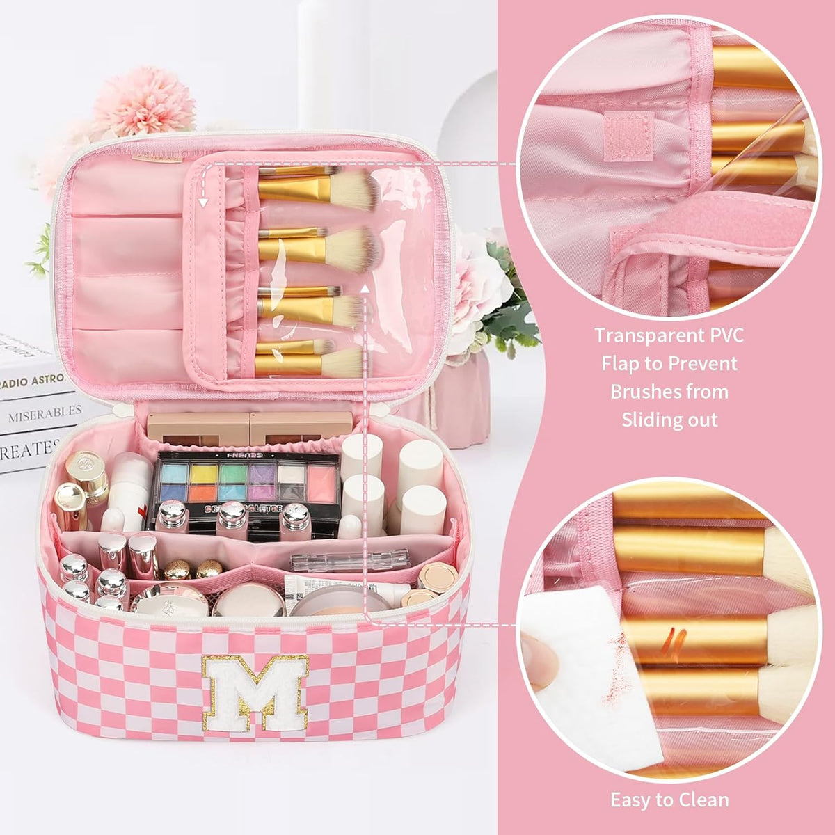 Makeup Bag for Women, Monogram Cosmetic Bag Black Travel Makeup Case Beauty Toiletry Bag Organizer Personalized Gifts for Girls Bridesmaid, Sister, Wife, Friends Initial S