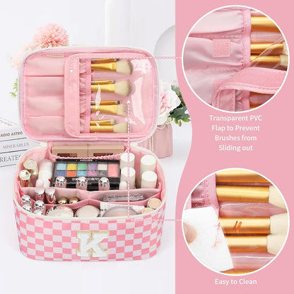 Makeup Bag for Women, Monogram Cosmetic Bag Black Travel Makeup Case Beauty Toiletry Bag Organizer Personalized Gifts for Girls Bridesmaid, Sister, Wife, Friends Initial S