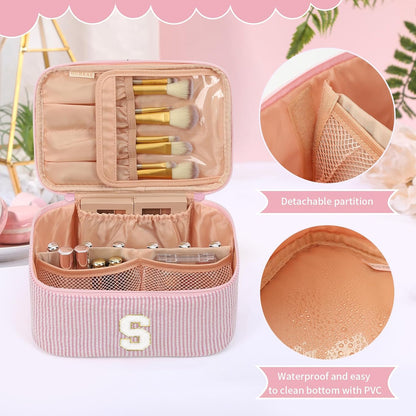 Makeup Bag for Women, Monogram Cosmetic Bag Black Travel Makeup Case Beauty Toiletry Bag Organizer Personalized Gifts for Girls Bridesmaid, Sister, Wife, Friends Initial S