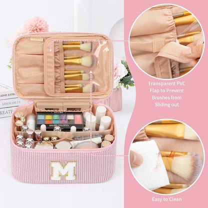 Makeup Bag for Women, Monogram Cosmetic Bag Black Travel Makeup Case Beauty Toiletry Bag Organizer Personalized Gifts for Girls Bridesmaid, Sister, Wife, Friends Initial S