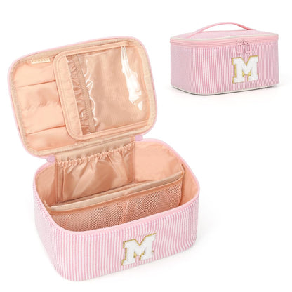 Makeup Bag for Women, Monogram Cosmetic Bag Black Travel Makeup Case Beauty Toiletry Bag Organizer Personalized Gifts for Girls Bridesmaid, Sister, Wife, Friends Initial S