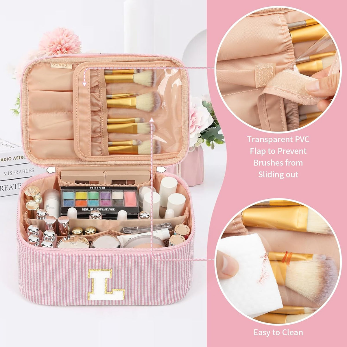 Makeup Bag for Women, Monogram Cosmetic Bag Black Travel Makeup Case Beauty Toiletry Bag Organizer Personalized Gifts for Girls Bridesmaid, Sister, Wife, Friends Initial S