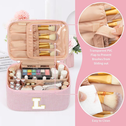 Makeup Bag for Women, Monogram Cosmetic Bag Black Travel Makeup Case Beauty Toiletry Bag Organizer Personalized Gifts for Girls Bridesmaid, Sister, Wife, Friends Initial S