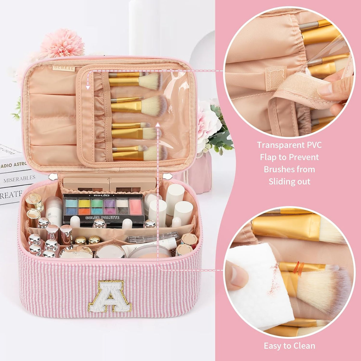 Makeup Bag for Women, Monogram Cosmetic Bag Black Travel Makeup Case Beauty Toiletry Bag Organizer Personalized Gifts for Girls Bridesmaid, Sister, Wife, Friends Initial S