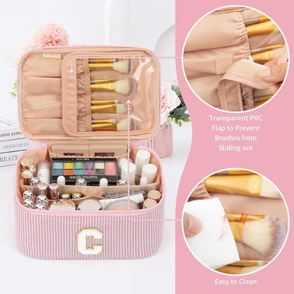 Makeup Bag for Women, Monogram Cosmetic Bag Black Travel Makeup Case Beauty Toiletry Bag Organizer Personalized Gifts for Girls Bridesmaid, Sister, Wife, Friends Initial S