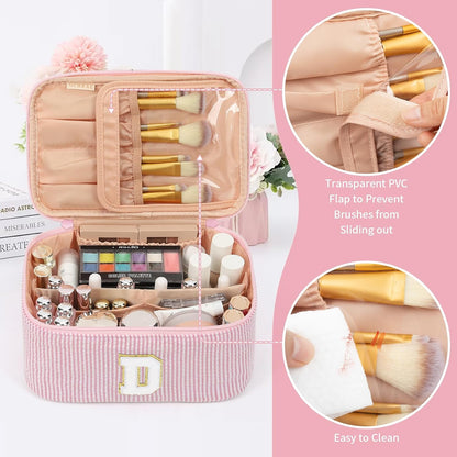 Makeup Bag for Women, Monogram Cosmetic Bag Black Travel Makeup Case Beauty Toiletry Bag Organizer Personalized Gifts for Girls Bridesmaid, Sister, Wife, Friends Initial S