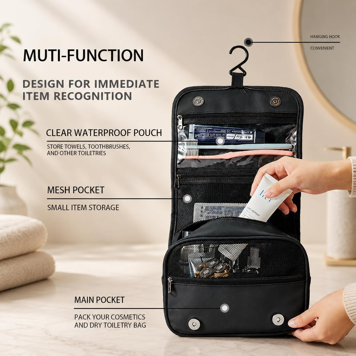 Large Hanging Toiletry Bag with Magnetic Snap Closure Waterproof Travel Durable Hanging Travel Toiletry Bag with Hook Hanging Toiletry Bags for Travel Size Toiletries