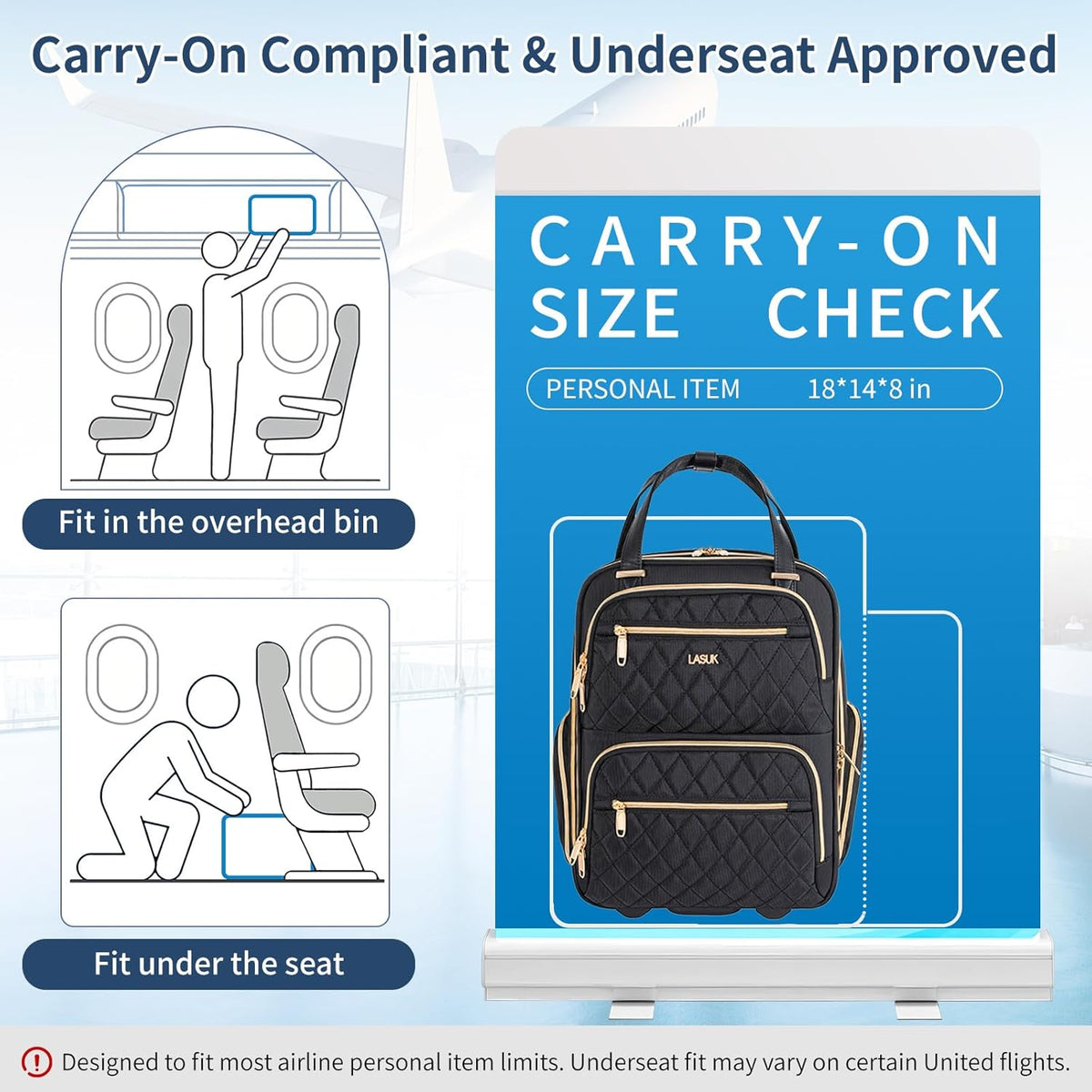 Underseat Carry On Luggage with Wheels, 17inch Lightweight Overnight Soft Sided Personal Luggage Bag Carry-On Suitcase for Short Trip Travel Business, Black