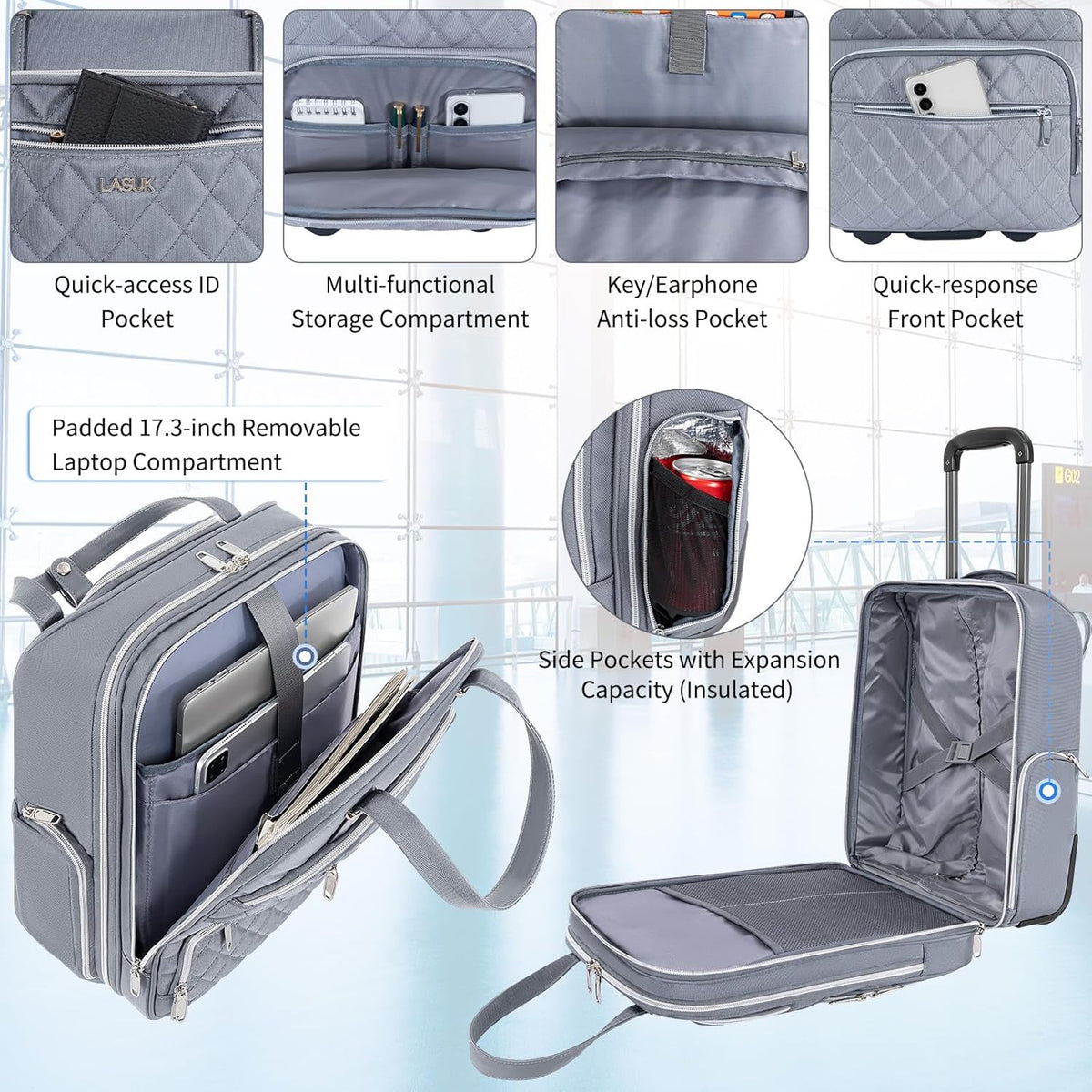 Underseat Carry On Luggage with Wheels, 17inch Lightweight Overnight Soft Sided Personal Luggage Bag Carry-On Suitcase for Short Trip Travel Business, Black