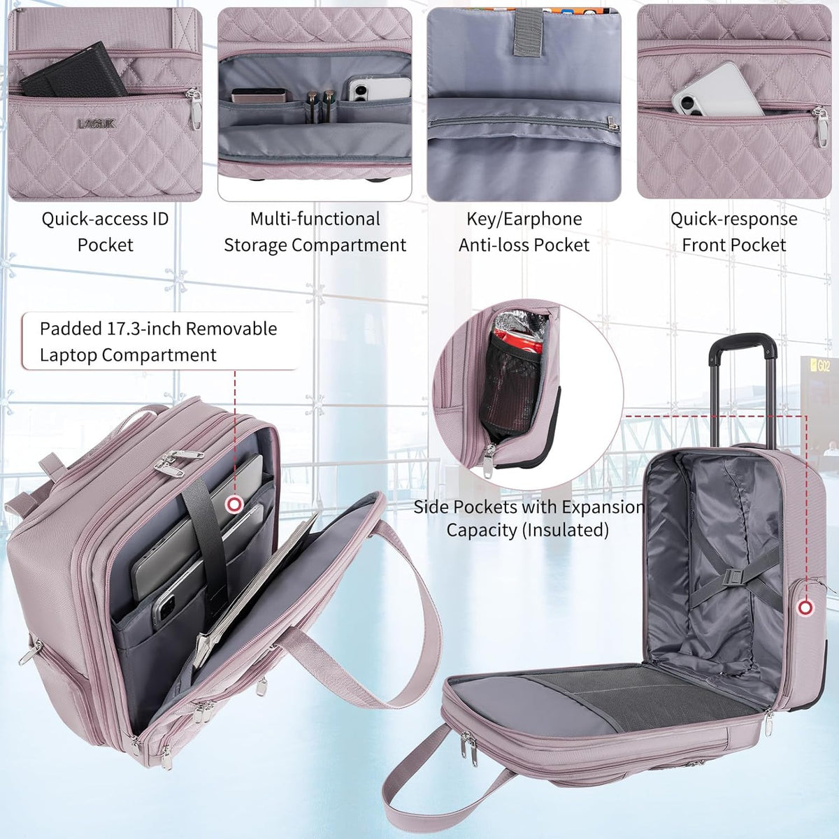 Underseat Carry On Luggage with Wheels, 17inch Lightweight Overnight Soft Sided Personal Luggage Bag Carry-On Suitcase for Short Trip Travel Business, Black