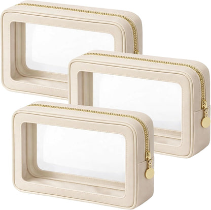 Clear Makeup Bag 3 Pack, TSA Compliant Toiletry Bags, Cream White Travel Cosmetic Pouch 9'' x 5.9'' x 2.36'', Transparent Organizer for Liquids, Carry-On Essentials