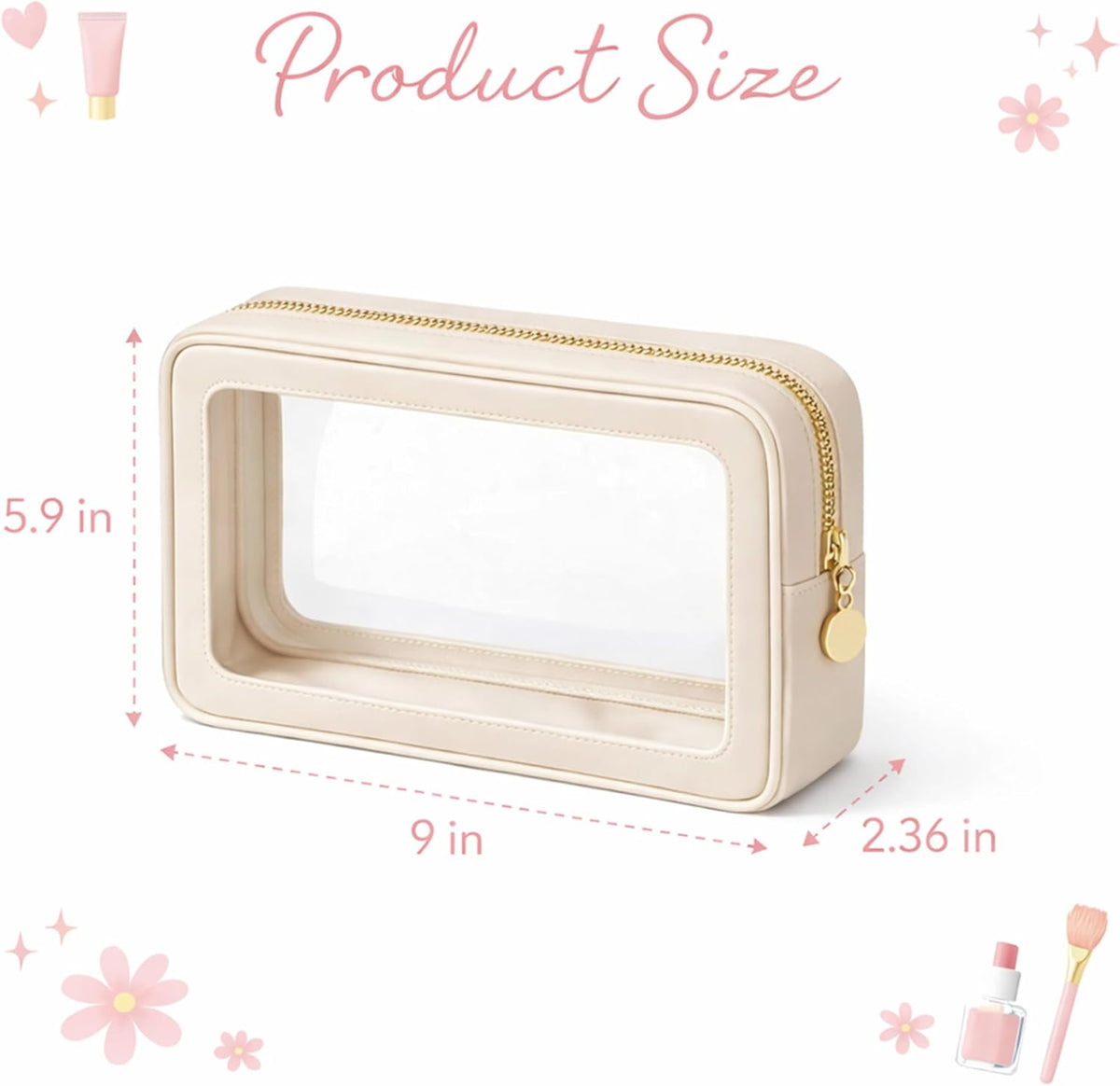 Clear Makeup Bag 3 Pack, TSA Compliant Toiletry Bags, Cream White Travel Cosmetic Pouch 9'' x 5.9'' x 2.36'', Transparent Organizer for Liquids, Carry-On Essentials