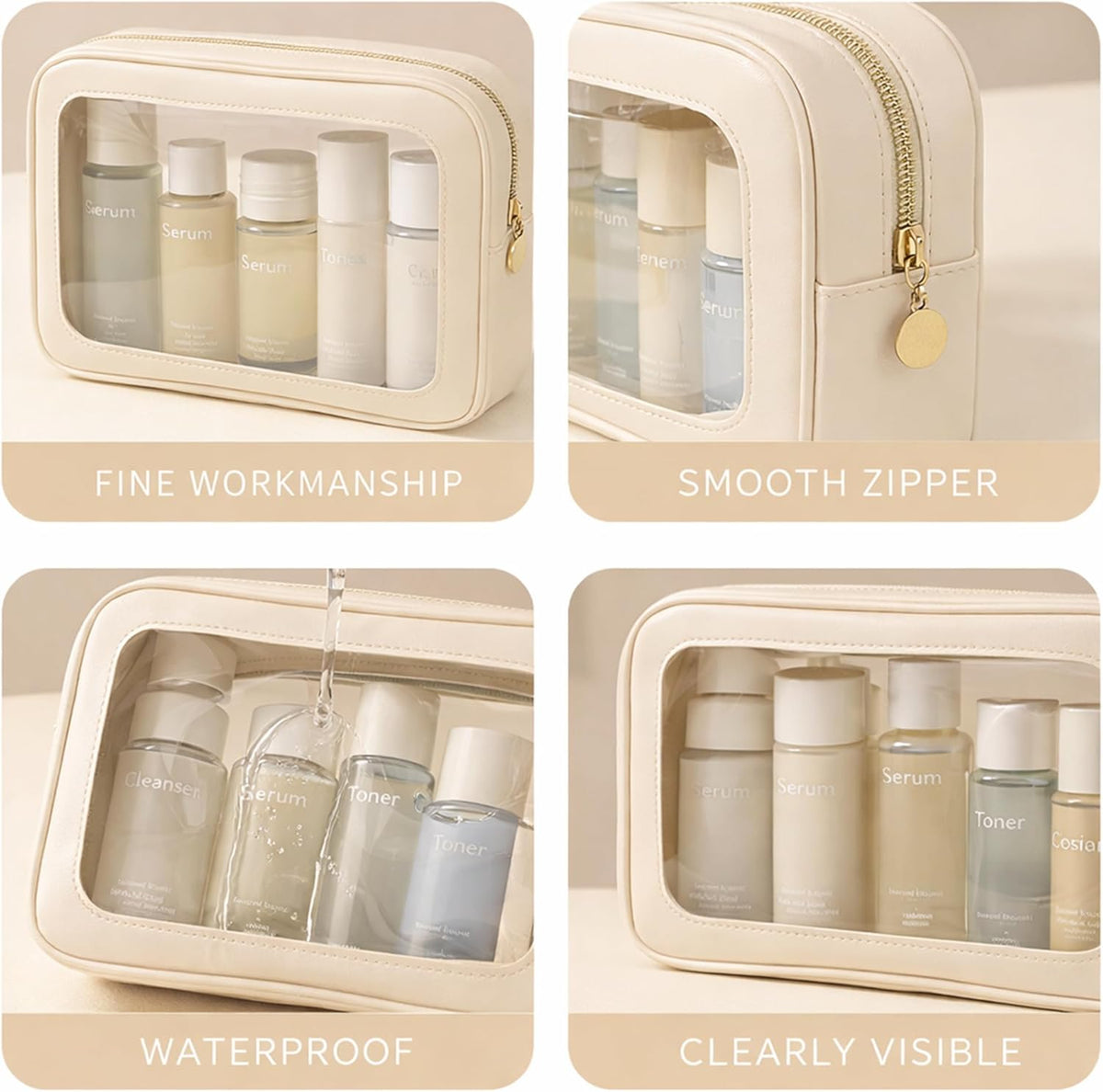 Clear Makeup Bag 3 Pack, TSA Compliant Toiletry Bags, Cream White Travel Cosmetic Pouch 9'' x 5.9'' x 2.36'', Transparent Organizer for Liquids, Carry-On Essentials