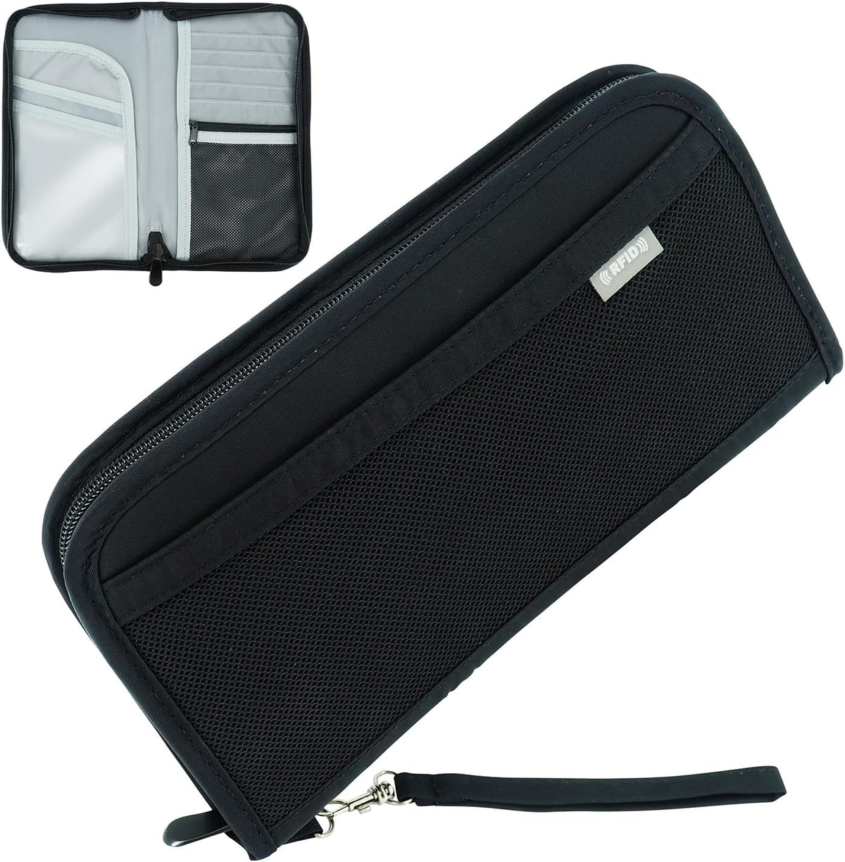 Passport Bag, RFID Blocking Travel Document Organizer, Black | Polyester material, slim RFID-blocking wallet, compact 9.8x1x5.5 inches, for airplane travel, unisex.