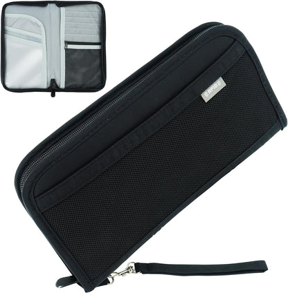 Passport Bag, RFID Blocking Travel Document Organizer, Black | Polyester material, slim RFID-blocking wallet, compact 9.8x1x5.5 inches, for airplane travel, unisex.