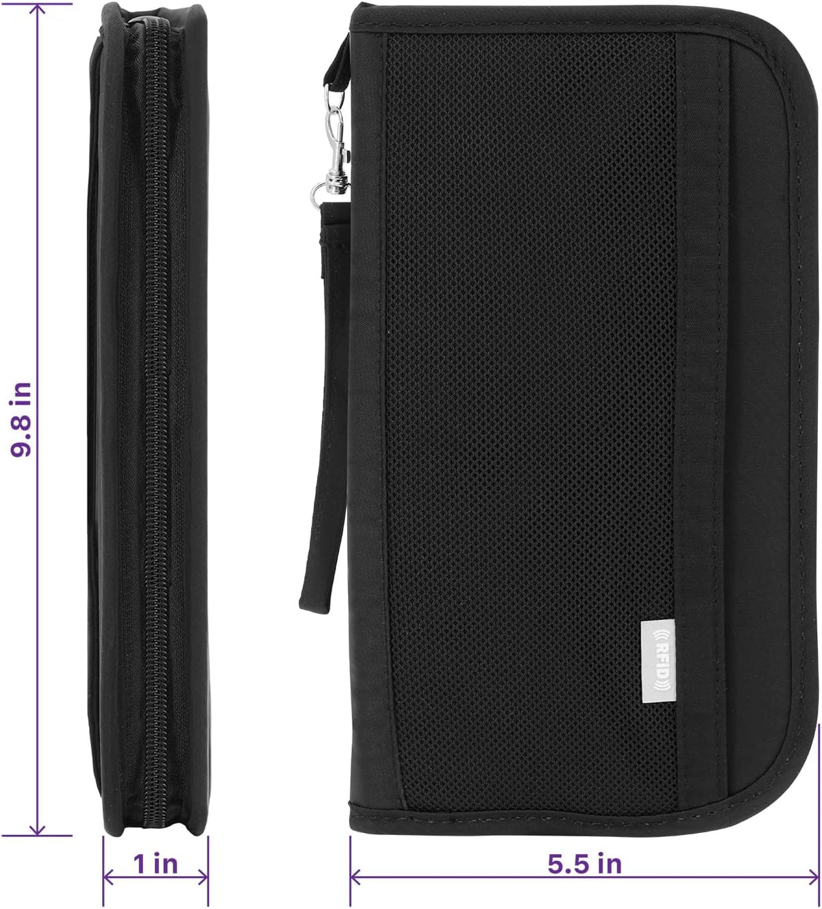 Passport Bag, RFID Blocking Travel Document Organizer, Black | Polyester material, slim RFID-blocking wallet, compact 9.8x1x5.5 inches, for airplane travel, unisex.