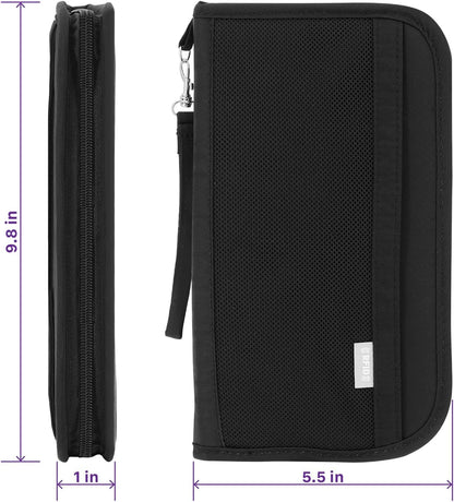 Passport Bag, RFID Blocking Travel Document Organizer, Black | Polyester material, slim RFID-blocking wallet, compact 9.8x1x5.5 inches, for airplane travel, unisex.