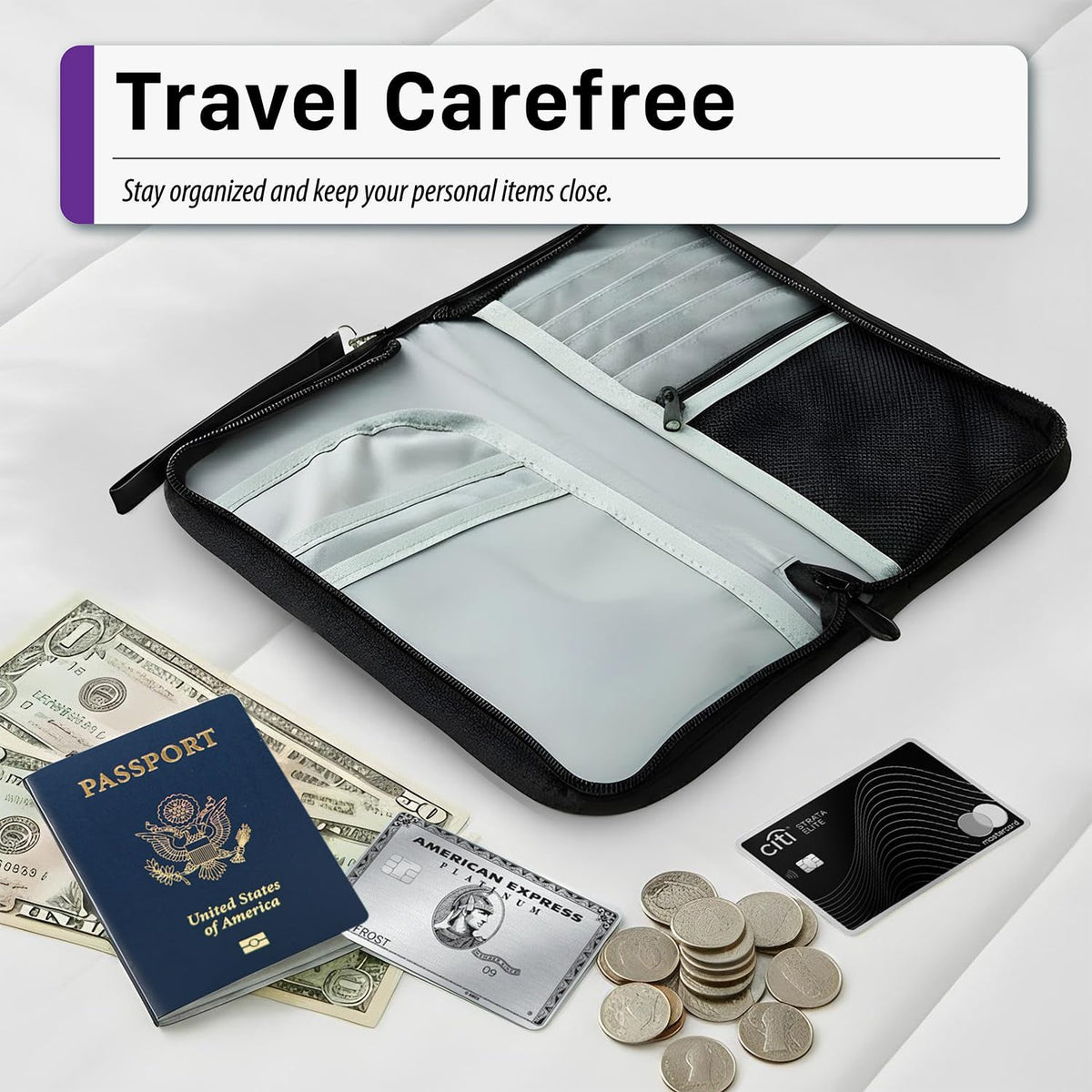 Passport Bag, RFID Blocking Travel Document Organizer, Black | Polyester material, slim RFID-blocking wallet, compact 9.8x1x5.5 inches, for airplane travel, unisex.