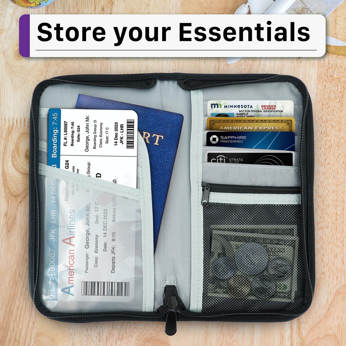 Passport Bag, RFID Blocking Travel Document Organizer, Black | Polyester material, slim RFID-blocking wallet, compact 9.8x1x5.5 inches, for airplane travel, unisex.