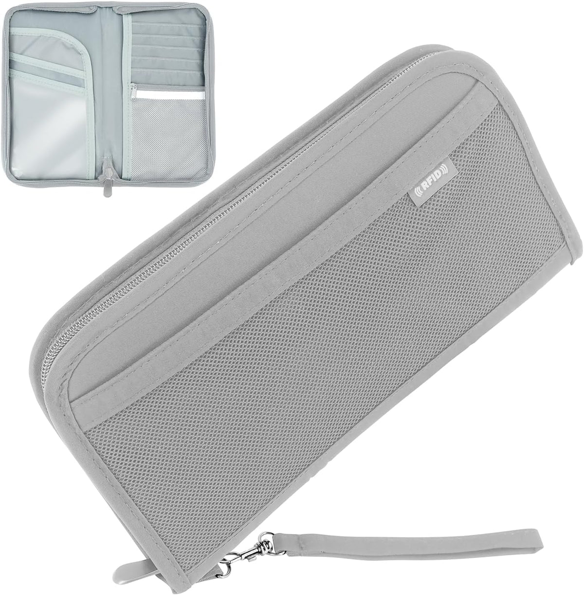 Passport Bag, RFID Blocking Travel Document Organizer, Black | Polyester material, slim RFID-blocking wallet, compact 9.8x1x5.5 inches, for airplane travel, unisex.