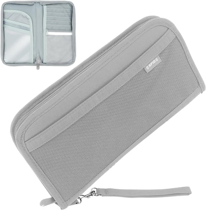Passport Bag, RFID Blocking Travel Document Organizer, Black | Polyester material, slim RFID-blocking wallet, compact 9.8x1x5.5 inches, for airplane travel, unisex.
