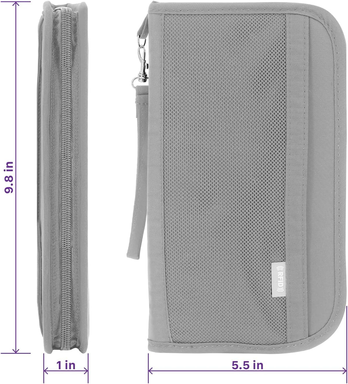 Passport Bag, RFID Blocking Travel Document Organizer, Black | Polyester material, slim RFID-blocking wallet, compact 9.8x1x5.5 inches, for airplane travel, unisex.