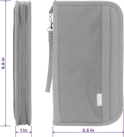 Passport Bag, RFID Blocking Travel Document Organizer, Black | Polyester material, slim RFID-blocking wallet, compact 9.8x1x5.5 inches, for airplane travel, unisex.