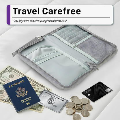 Passport Bag, RFID Blocking Travel Document Organizer, Black | Polyester material, slim RFID-blocking wallet, compact 9.8x1x5.5 inches, for airplane travel, unisex.