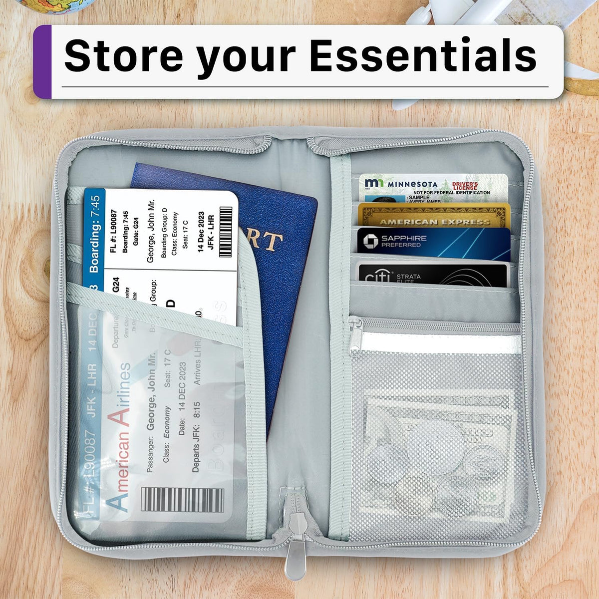 Passport Bag, RFID Blocking Travel Document Organizer, Black | Polyester material, slim RFID-blocking wallet, compact 9.8x1x5.5 inches, for airplane travel, unisex.