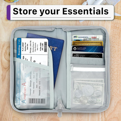 Passport Bag, RFID Blocking Travel Document Organizer, Black | Polyester material, slim RFID-blocking wallet, compact 9.8x1x5.5 inches, for airplane travel, unisex.