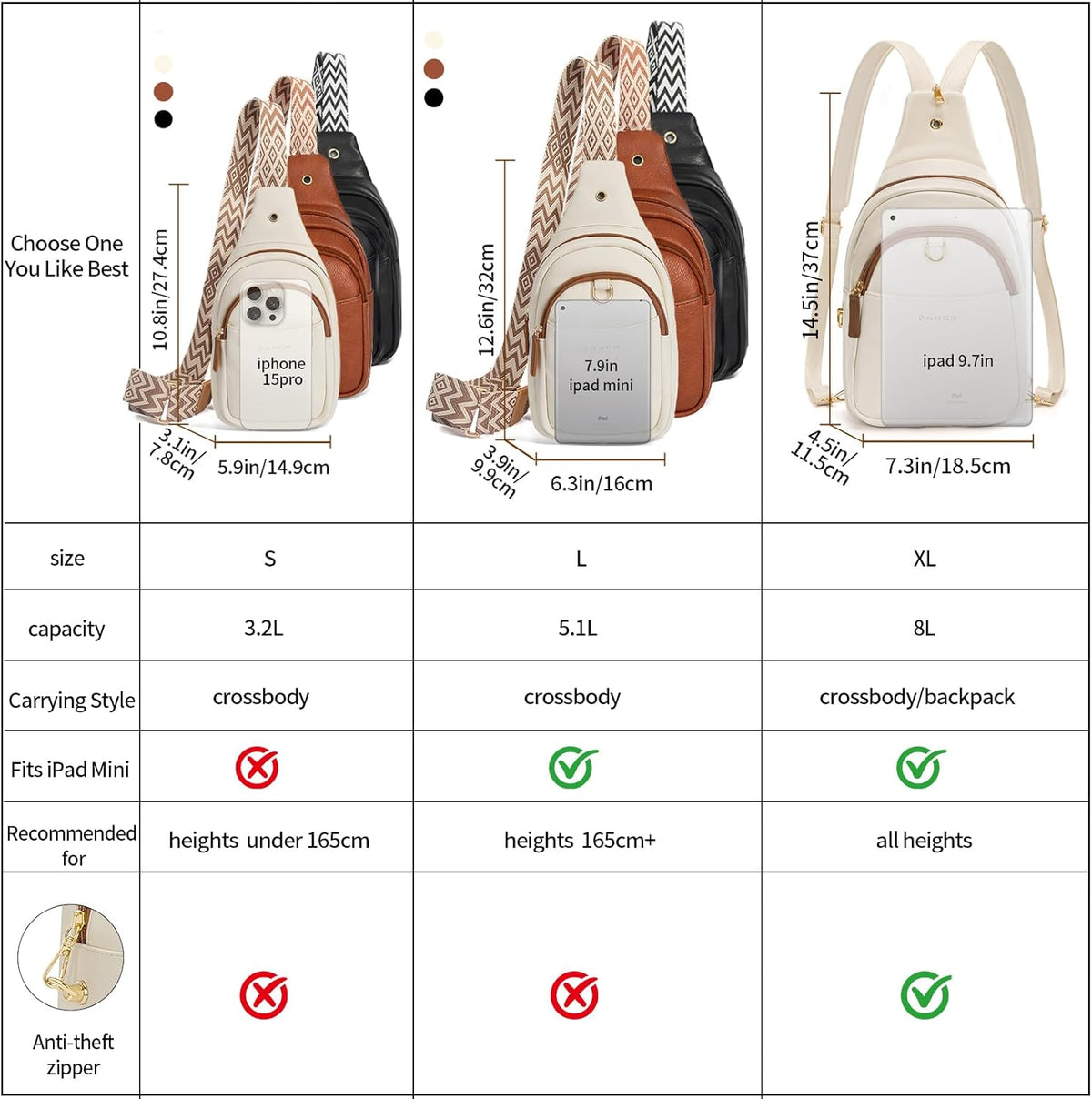 Crossbody Bags for Women Sling Bag Anti Theft PU Leather Travel Chest Purse Small Adjustable Strap Fits Large Phone