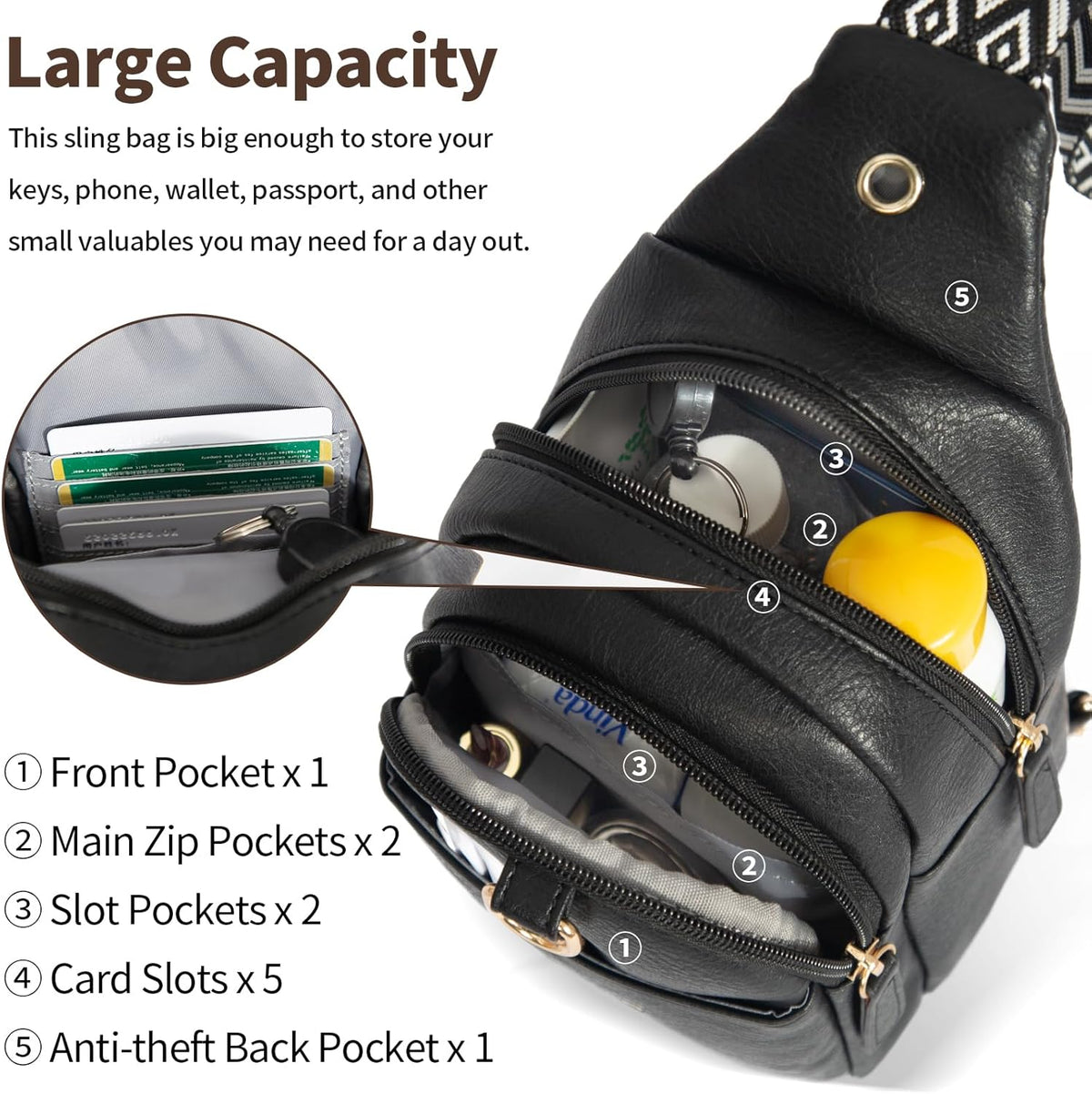 Crossbody Bags for Women Sling Bag Anti Theft PU Leather Travel Chest Purse Small Adjustable Strap Fits Large Phone