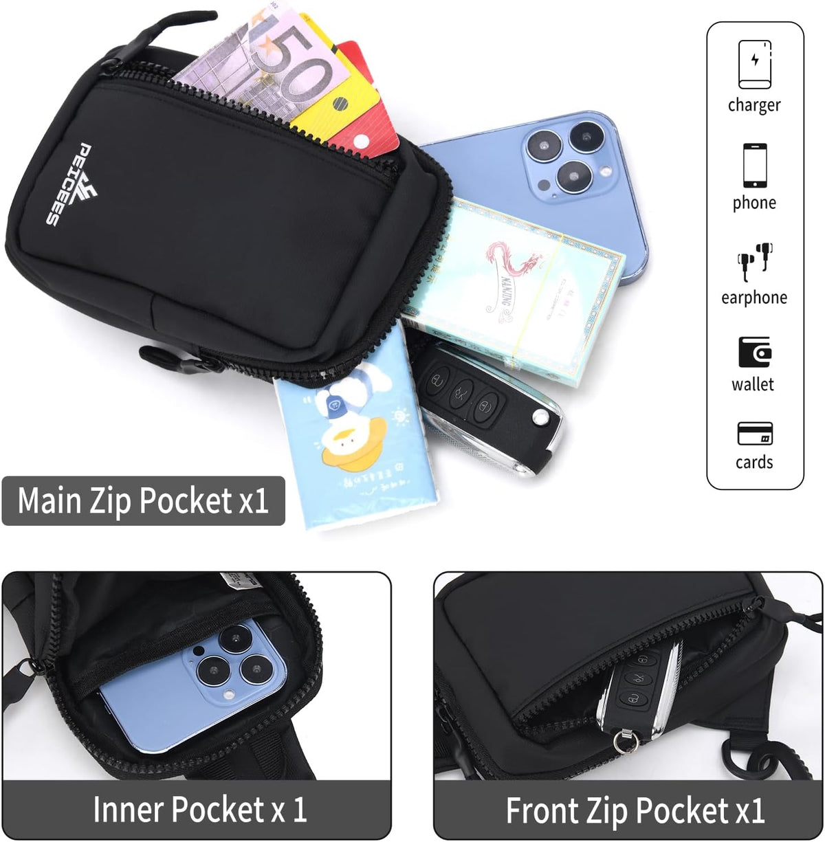 Small Crossbody Bag for Men Women Mini Sling Bag Travel Running Phone Daypack Cross Body Shoulder Bags with Keyholder
