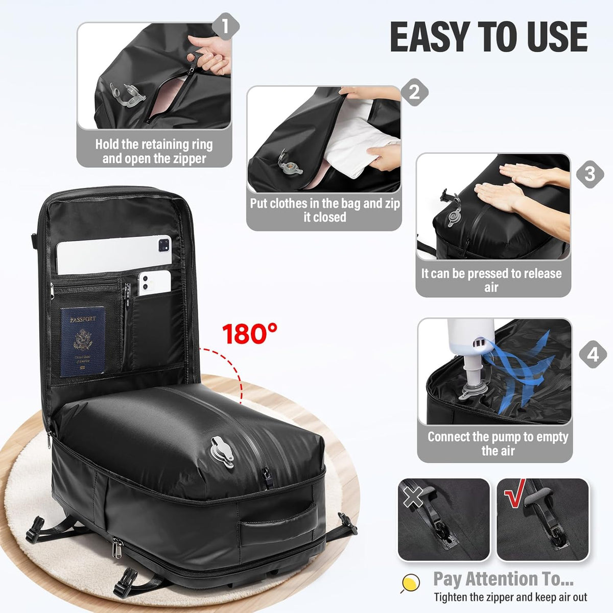 Vacuum Backpack Travel with Pump,Water Resistant Airbag Travel Backpack,Personal Item Carry on Backpacks Flight Approved 18x14x8 inches,Laptop Backpacks,Black