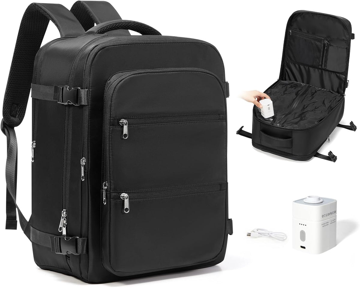 Vacuum Backpack Travel with Pump,Water Resistant Airbag Travel Backpack,Personal Item Carry on Backpacks Flight Approved 18x14x8 inches,Laptop Backpacks,Black