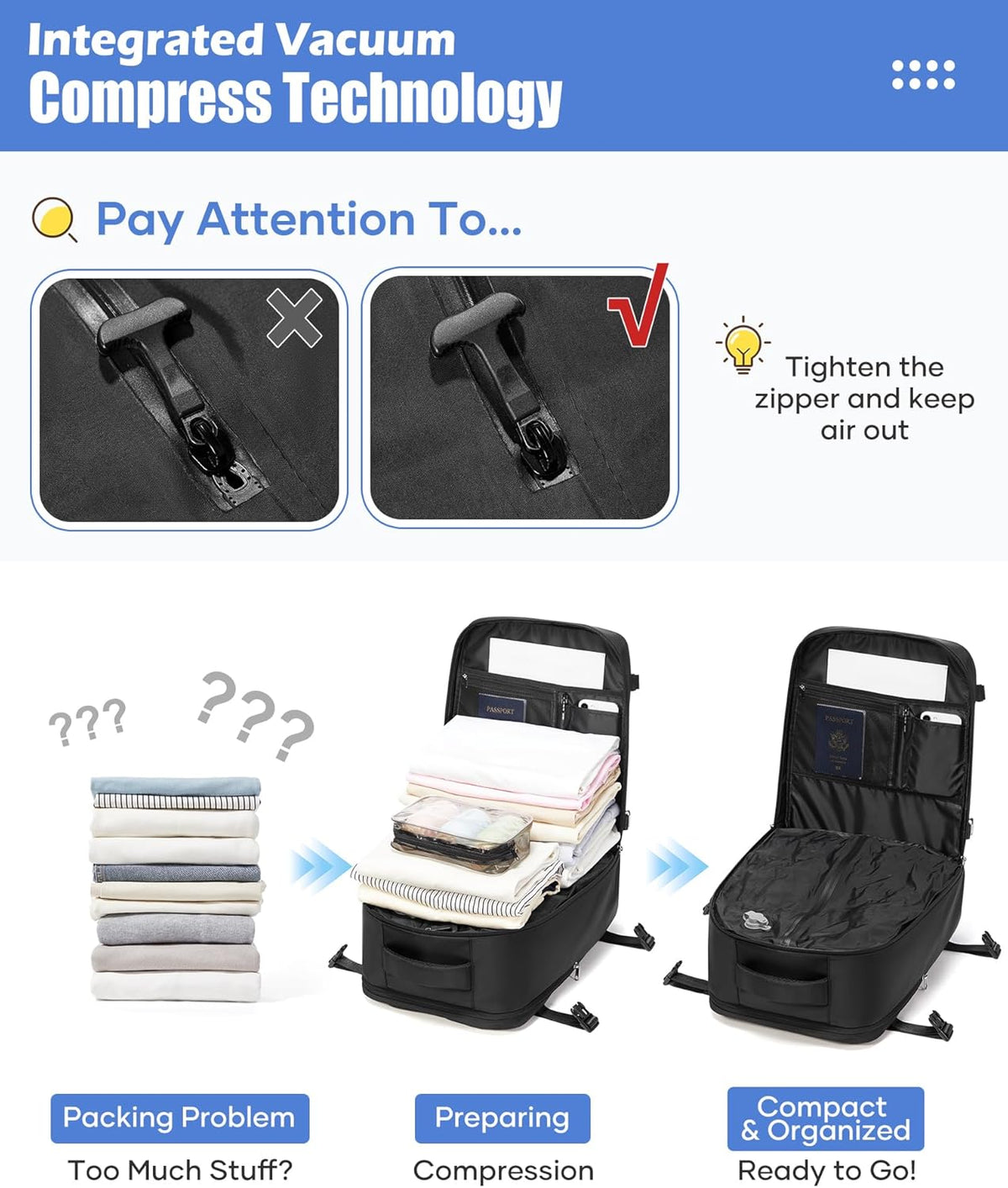 Vacuum Backpack Travel with Pump,Water Resistant Airbag Travel Backpack,Personal Item Carry on Backpacks Flight Approved 18x14x8 inches,Laptop Backpacks,Black