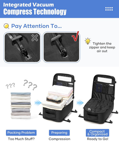Vacuum Backpack Travel with Pump,Water Resistant Airbag Travel Backpack,Personal Item Carry on Backpacks Flight Approved 18x14x8 inches,Laptop Backpacks,Black