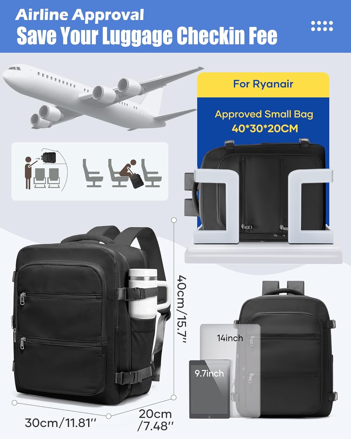 Vacuum Backpack Travel with Pump,Water Resistant Airbag Travel Backpack,Personal Item Carry on Backpacks Flight Approved 18x14x8 inches,Laptop Backpacks,Black