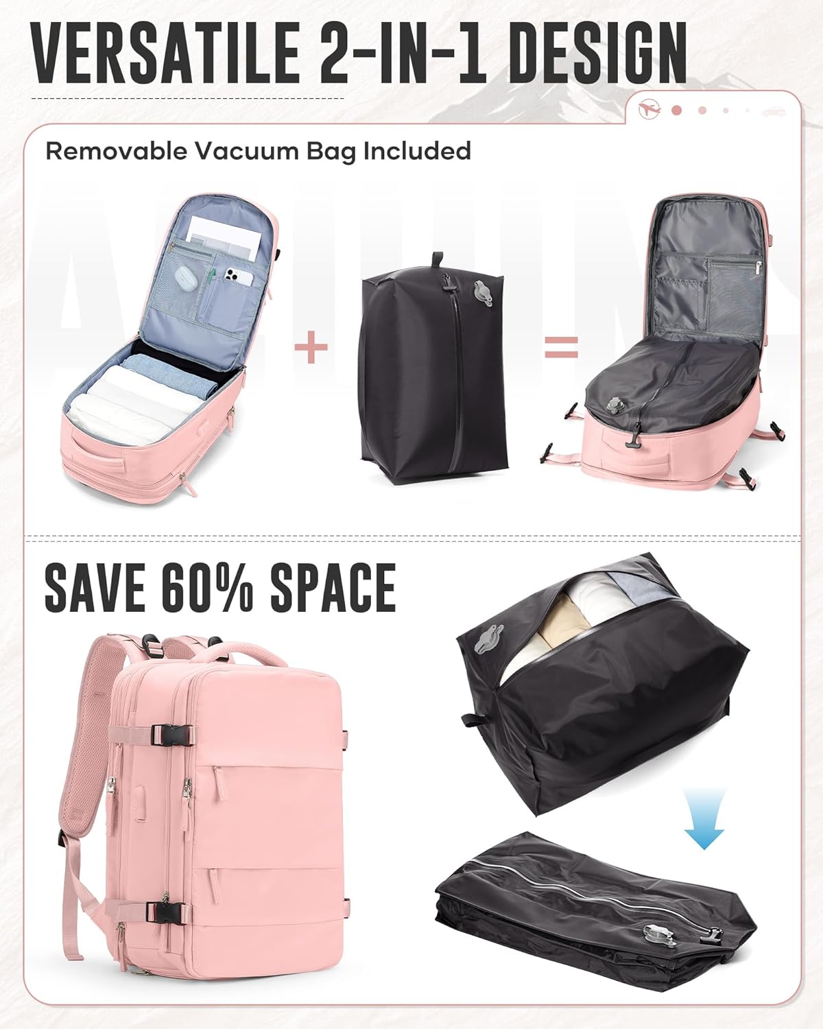 Vacuum Backpack Travel with Pump,Water Resistant Airbag Travel Backpack,Personal Item Carry on Backpacks Flight Approved 18x14x8 inches,Laptop Backpacks,Black