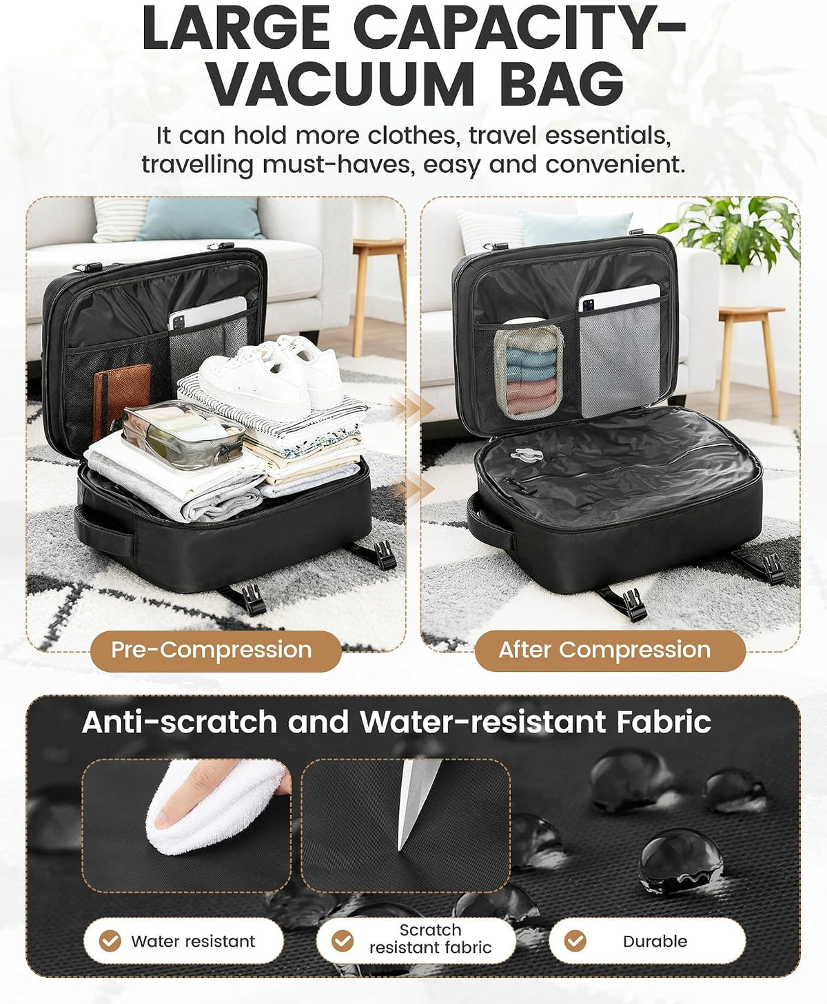 Vacuum Backpack Travel with Pump,Water Resistant Airbag Travel Backpack,Personal Item Carry on Backpacks Flight Approved 18x14x8 inches,Laptop Backpacks,Black