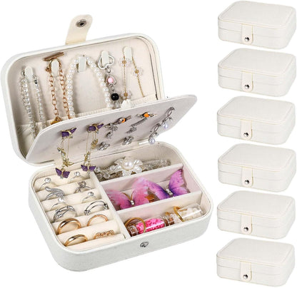 6 Pcs Travel Jewelry Box, Mini Travel Jewelry Organizer for Women, PU Leather Small Double Layer Portable Case for Stud Earrings, Rings, Necklaces, Bracelets, 6.2 x 4.3 x 1.9 Inches, Flash White