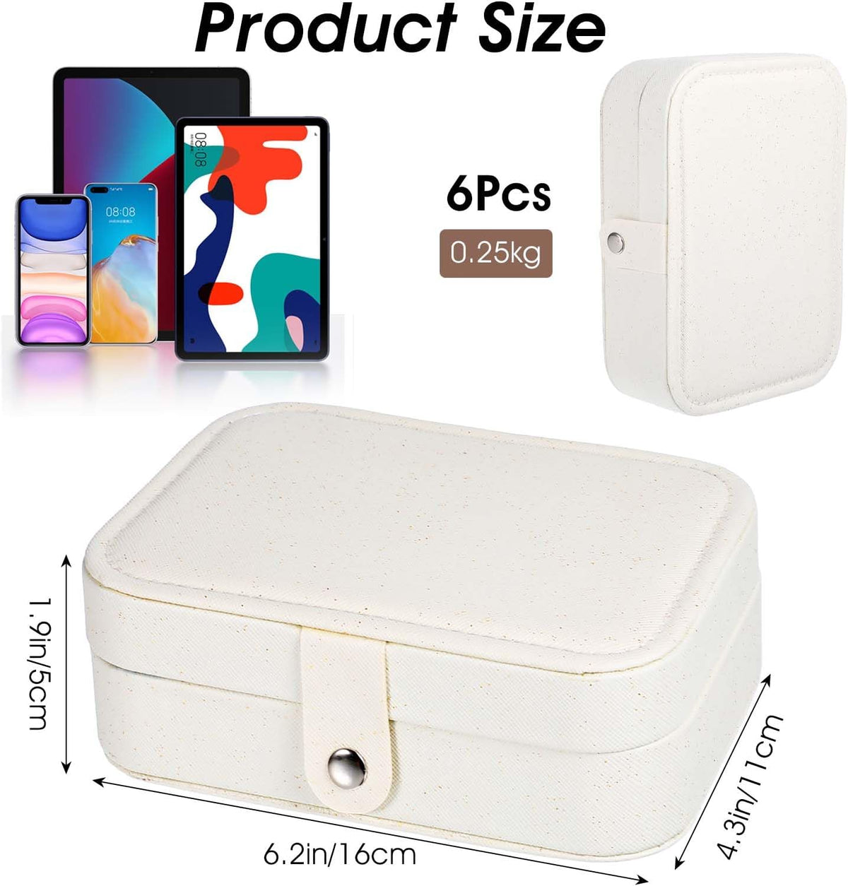 6 Pcs Travel Jewelry Box, Mini Travel Jewelry Organizer for Women, PU Leather Small Double Layer Portable Case for Stud Earrings, Rings, Necklaces, Bracelets, 6.2 x 4.3 x 1.9 Inches, Flash White